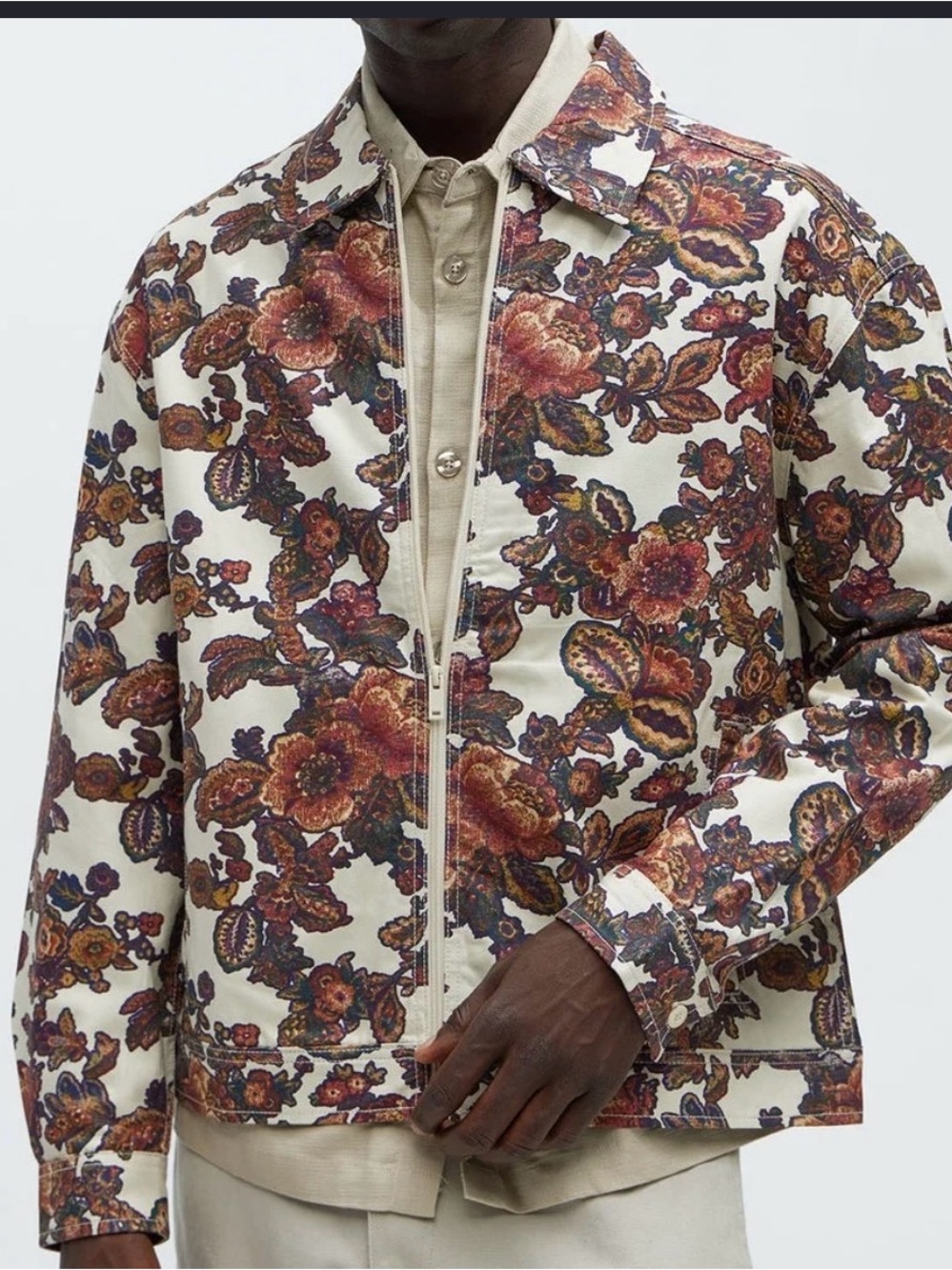 Floral Print Zip-Front Jacket in Cream and Rust